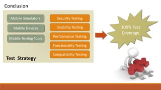 Test Strategy
Conclusion
Mobile Simulators
Mobile Devices
Mobile Testing Tools
Security Testing
Usability Testing
Performance Testing
Functionality Testing
Compatibility Testing
100% Test
Coverage
 