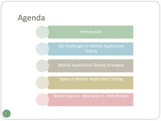 Agenda
Introduction
QA Challenges in Mobile Application
Testing
Mobile Application Testing Strategies
Types of Mobile Application Testing
Native Apps vs. Web Apps vs. Hybrid Apps
2
 