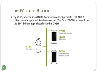 The Mobile Boom
⚫ By 2015, International Data Corporation (IDC) predicts that 182.7
billion mobile apps will be downloaded. That’s a 1600% increase from
the 10.7 billion apps downloaded in 2010.
4
 