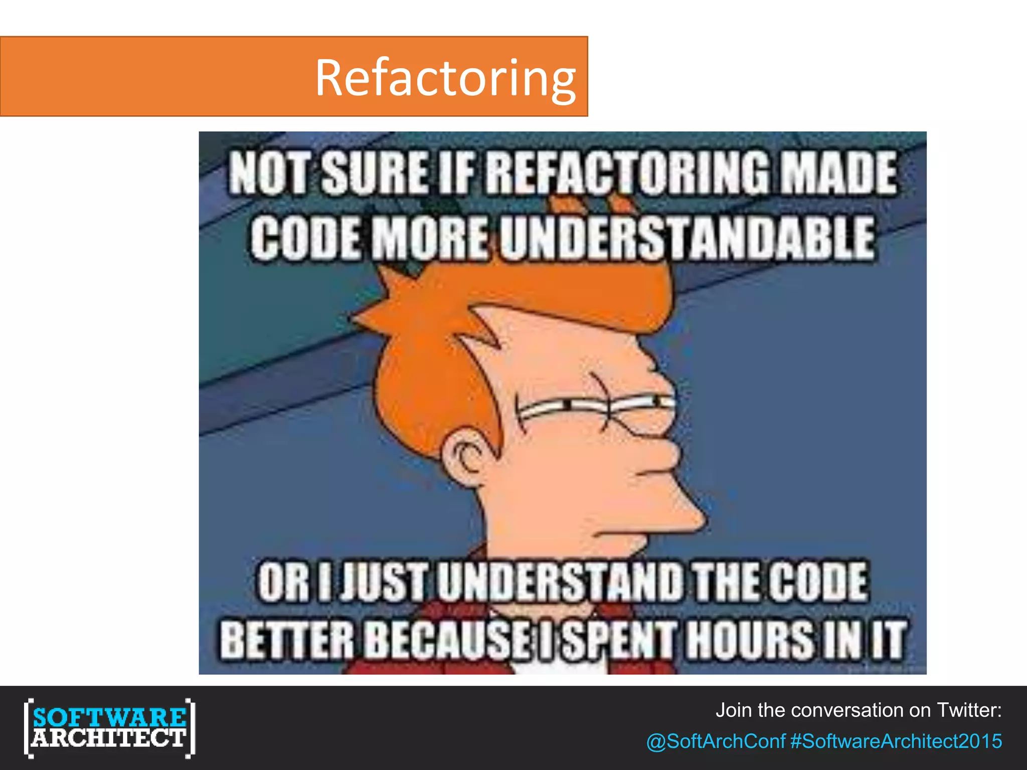 Join the conversation on Twitter:
@SoftArchConf #SoftwareArchitect2015
Refactoring
 