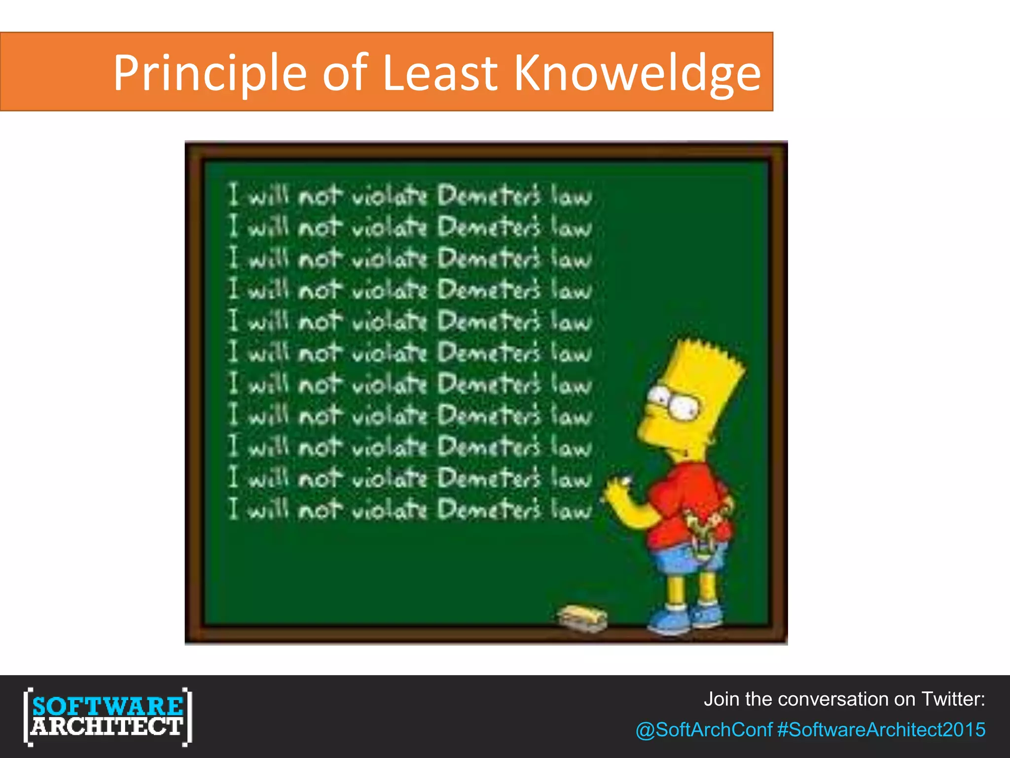 Join the conversation on Twitter:
@SoftArchConf #SoftwareArchitect2015
Principle of Least Knoweldge
 