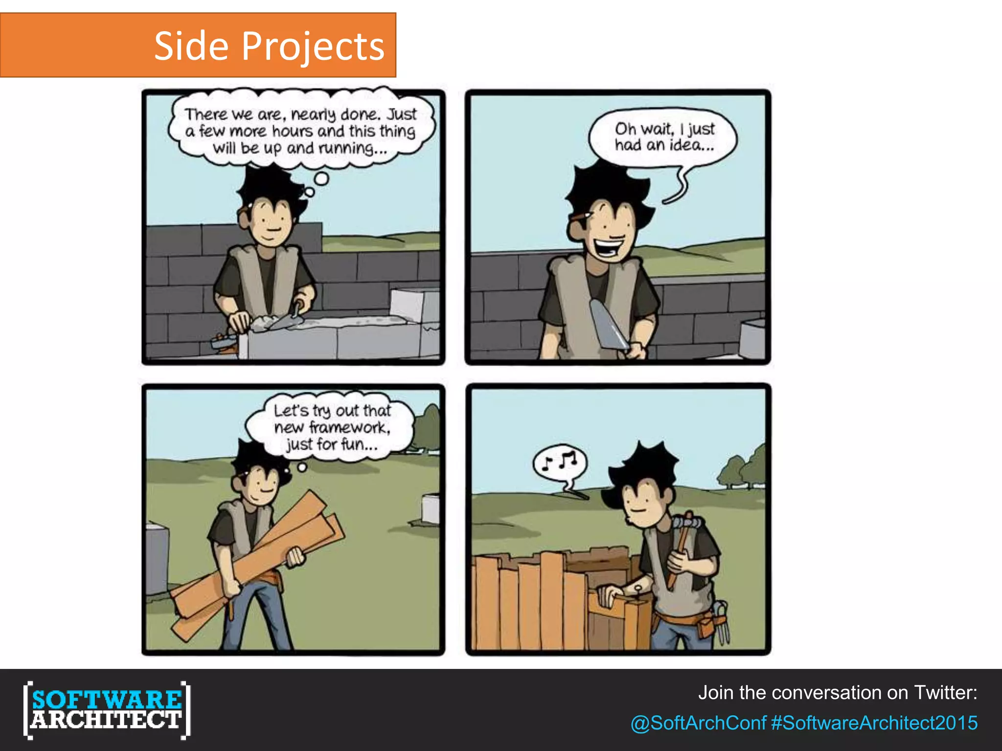 Join the conversation on Twitter:
@SoftArchConf #SoftwareArchitect2015
Side Projects
 