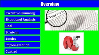Overview
Executive Summary
Situational Analysis
Goal
Strategy
Tactics
Implementation
Control
 