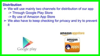 Distribution
➢ We will use mainly two channels for distribution of our app
-> Through Google Play Store
-> By use of Amazon App Store
➢ We also have to keep checking for privacy and try to prevent
it
 