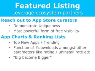 Featured Listing
Leverage ecosystem partners
Reach out to App Store curators
•  Demonstrate Uniqueness
•  Most powerful fo...