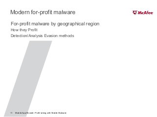 Mobile App Moolah: Profit taking with Mobile Malware11
Modern for-profit malware
For-profit malware by geographical region
How they Profit
Detection/Analysis Evasion methods
 