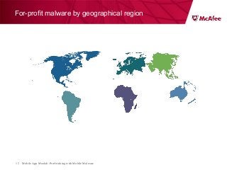 Mobile App Moolah: Profit taking with Mobile Malware12
For-profit malware by geographical region
 