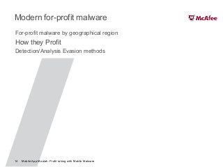 Mobile App Moolah: Profit taking with Mobile Malware14
Modern for-profit malware
For-profit malware by geographical region
How they Profit
Detection/Analysis Evasion methods
 