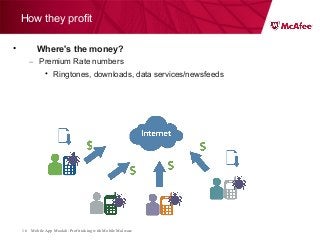 Mobile App Moolah: Profit taking with Mobile Malware16
How they profit
• Where's the money?
– Premium Rate numbers
• Ringtones, downloads, data services/newsfeeds
 