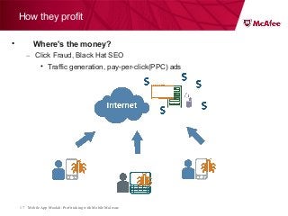 Mobile App Moolah: Profit taking with Mobile Malware17
How they profit
• Where's the money?
– Click Fraud, Black Hat SEO
• Traffic generation, pay-per-click(PPC) ads
 