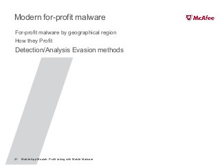 Mobile App Moolah: Profit taking with Mobile Malware21
Modern for-profit malware
For-profit malware by geographical region
How they Profit
Detection/Analysis Evasion methods
 