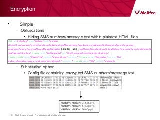 Mobile App Moolah: Profit taking with Mobile Malware23
Encryption
• Simple
– Obfuscations
• Hiding SMS numbers/message text within plaintext HTML files
– Substitution cipher
• Config file containing encrypted SMS numbers/message text
<link rel="stylesheet" type="text/css" href="/en/shar
ed/core/2/css/css.ashx?sc=/en/us/site.config&amp;pt=cspMscomHomePage&amp;c=cspMscomSiteBrand;cspSearchComponent
;cspMscomFeaturePanel;cspMscomMasterNavigation;[<SMS#>:<MSG>]cspMscomNewsBand;cspVerticalRolloverTab;cspAdControl;cspMscomVe
rticalTab;cspSilverGate" /><script type="text/javascript" src="http//i3.microsoft.com/library/svy/broker.js">
</script><meta name="SearchTitle" content="Microsoft.com" scheme="" /><meta name="Description" content="Get
product information, support, and news from Microsoft." scheme="" /><meta name="Title" content="Microsoft.c
<SMS#>::<MSG>::241.55руб.
<SMS#>::<MSG>::173.88руб.
<SMS#>::<MSG>::86.00руб.
 