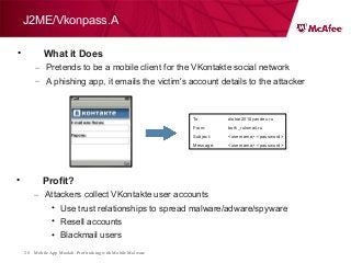 Mobile App Moolah: Profit taking with Mobile Malware28
J2ME/Vkonpass.A
• What it Does
– Pretends to be a mobile client for the VKontakte social network
– A phishing app, it emails the victim's account details to the attacker
• Profit?
– Attackers collect VKontakte user accounts
• Use trust relationships to spread malware/adware/spyware
• Resell accounts
• Blackmail users
To: ololoe2010yandex.ru
From: bork_rulsmail.ru
Subject: <username>:<password>
Message: <username>:<password>
 