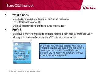 Mobile App Moolah: Profit taking with Mobile Malware30
SymbOS/Kiazha.A
• What it Does
– Distributed as part of a larger collection of malware,
SymbOS/MultiDropper.CR
– Deletes incoming and outgoing SMS messages
• Profit?
– Displays a warning message and attempts to extort money from the user
– Money is to be transferred as the QQ coin virtual currency
Warning: Your mobile phone has been
infected, please prepare a mobile phone
recharge card of 50 Yuan RMB, and
contact QQ<account removed>, or your
phone will be paralyzed!!
 