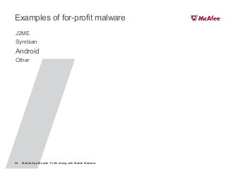 Mobile App Moolah: Profit taking with Mobile Malware34
Examples of for-profit malware
J2ME
Symbian
Android
Other
 