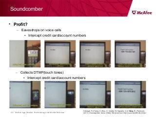 Mobile App Moolah: Profit taking with Mobile Malware44
• Profit?
– Eavesdrops on voice calls
• Intercept credit card/account numbers
Soundcomber
– Collects DTMF(touch tones)
• Intercept credit card/account numbers
Schlegel, R, Zhang, K, Zhou, X, Intwala, M, Kapadia, A, & Wang, X. (Producer).
(2011). Soundcomber demo. [Web]. Retrieved from http://youtu.be/Z8ASb-tQVpU
 