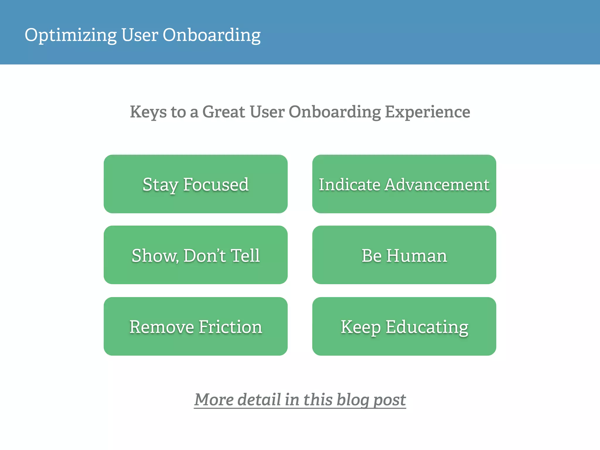 Keys to a Great User Onboarding Experience
Optimizing User Onboarding
Stay Focused
Show, Don’t Tell
Remove Friction
Indicate Advancement
Be Human
Keep Educating
More detail in this blog post
 