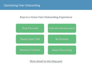 Keys to a Great User Onboarding Experience
Optimizing User Onboarding
Stay Focused
Show, Don’t Tell
Remove Friction
Indica...