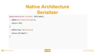 @implementation UILabel (BTCLabel)
- (BOOL)btcIsSerializable{
return YES;
}
- (NSString *)btcClass{
return @"label";
}
Native Architecture
Serializer
 