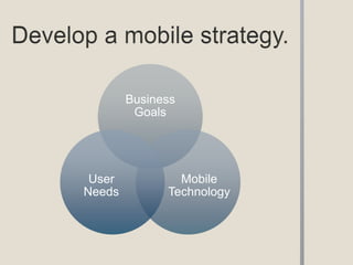 Business
         Goals




 User           Mobile
Needs         Technology
 