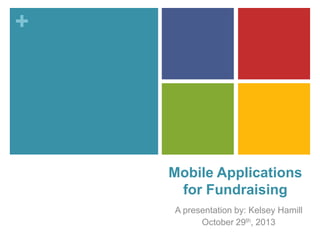 +

Mobile Applications
for Fundraising
A presentation by: Kelsey Hamill
October 29th, 2013

 