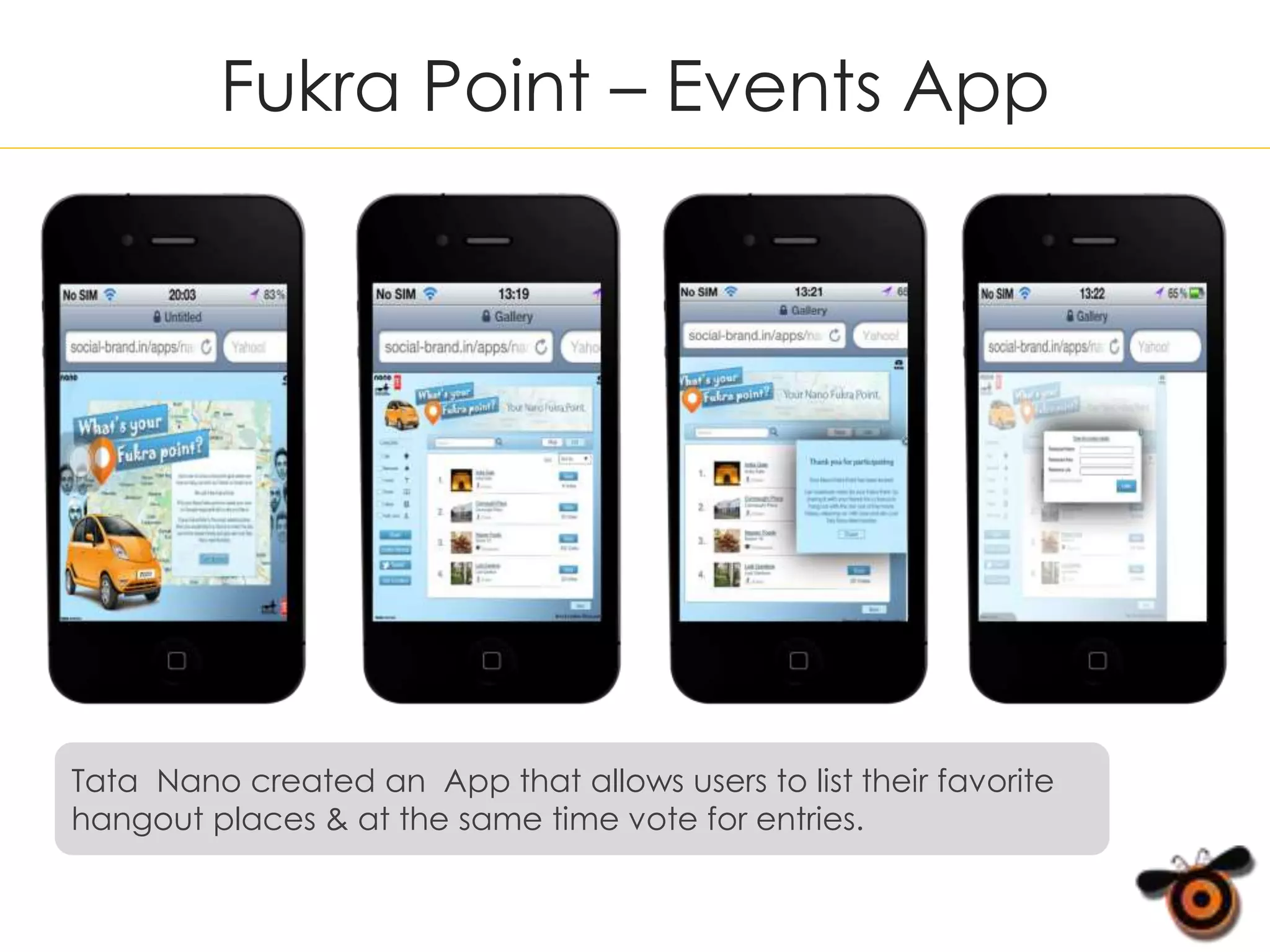 Fukra Point – Events App
Tata Nano created an App that allows users to list their favorite
hangout places & at the same time vote for entries.
 