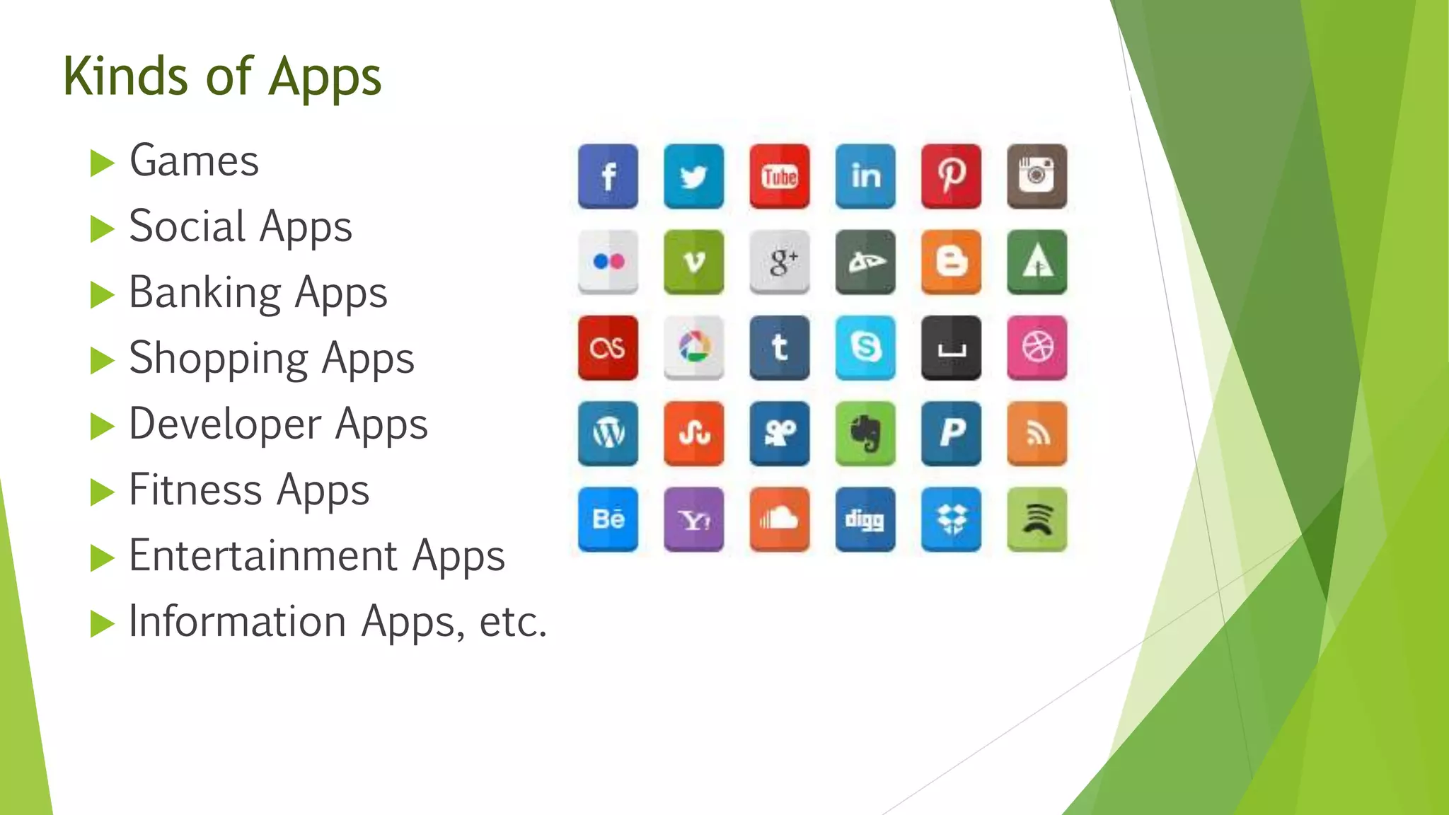 Kinds of Apps
 Games
 Social Apps
 Banking Apps
 Shopping Apps
 Developer Apps
 Fitness Apps
 Entertainment Apps
 Information Apps, etc.
 