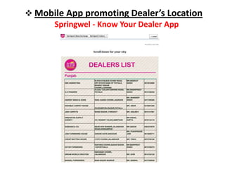  Mobile App promoting Dealer’s Location
     Springwel - Know Your Dealer App
 