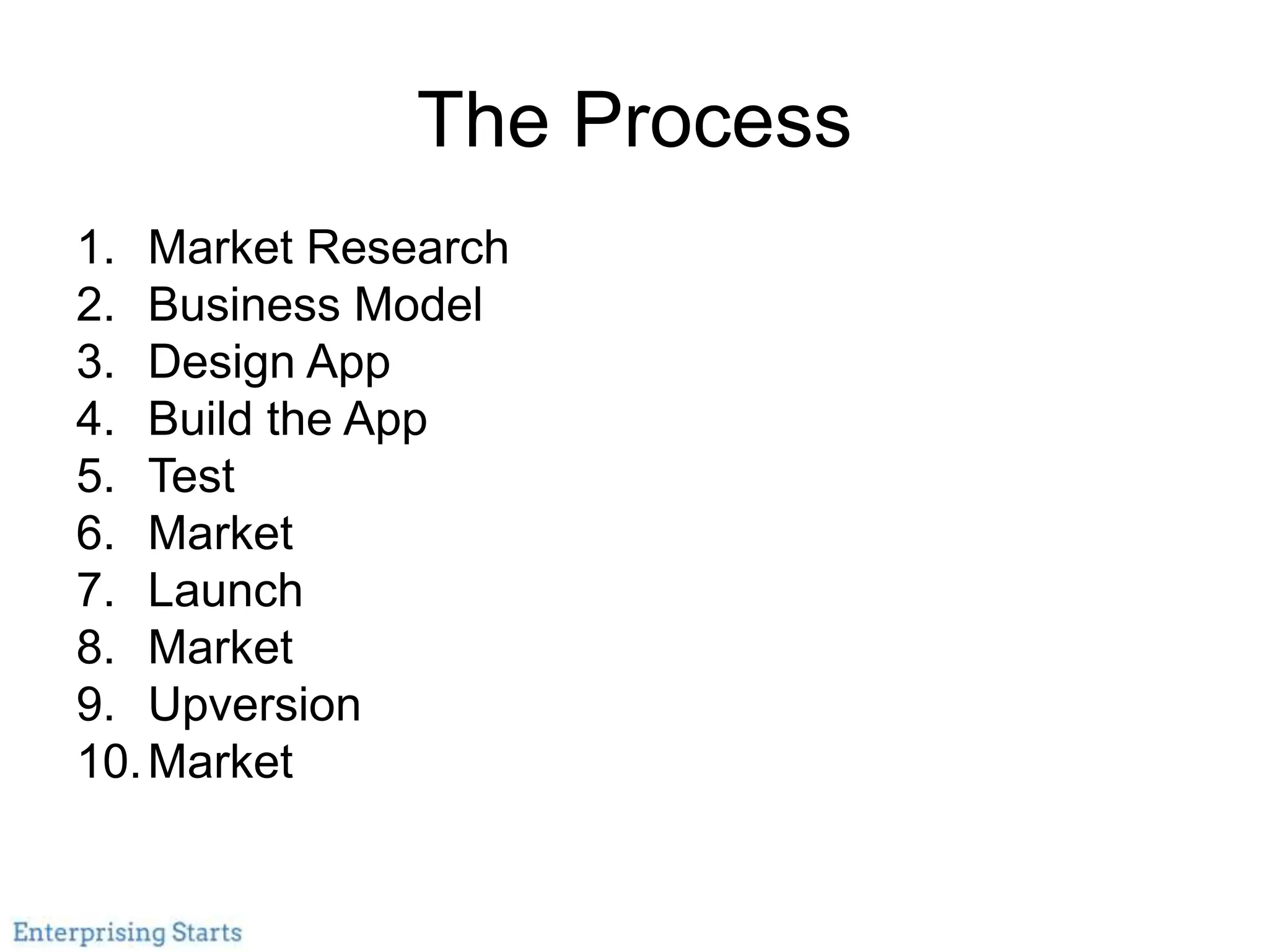 The Process
1. Market Research
2. Business Model
3. Design App
4. Build the App
5. Test
6. Market
7. Launch
8. Market
9. Upversion
10.Market
 