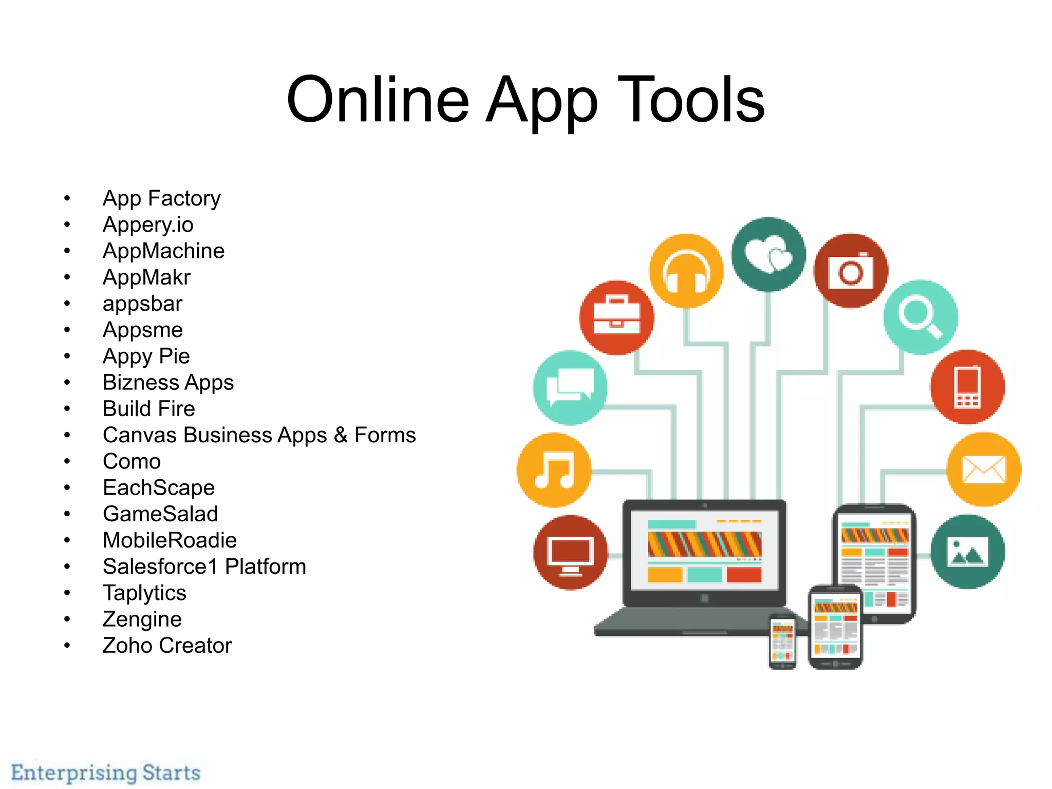 Online App Tools
• App Factory
• Appery.io
• AppMachine
• AppMakr
• appsbar
• Appsme
• Appy Pie
• Bizness Apps
• Build Fire
• Canvas Business Apps & Forms
• Como
• EachScape
• GameSalad
• MobileRoadie
• Salesforce1 Platform
• Taplytics
• Zengine
• Zoho Creator
 