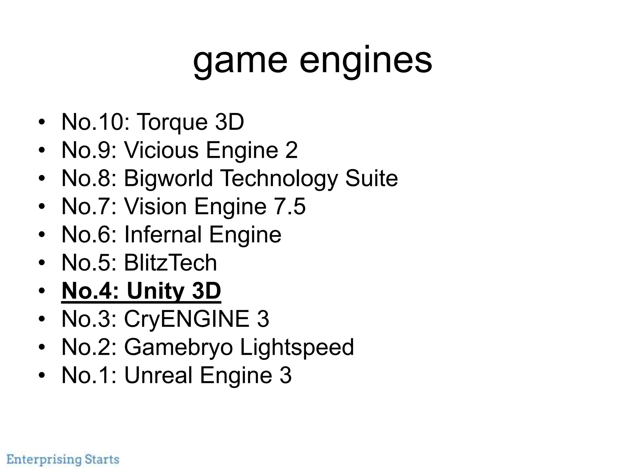 game engines
• No.10: Torque 3D
• No.9: Vicious Engine 2
• No.8: Bigworld Technology Suite
• No.7: Vision Engine 7.5
• No.6: Infernal Engine
• No.5: BlitzTech
• No.4: Unity 3D
• No.3: CryENGINE 3
• No.2: Gamebryo Lightspeed
• No.1: Unreal Engine 3
 