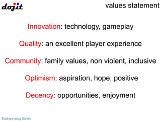 Innovation: technology, gameplay
Quality: an excellent player experience
Community: family values, non violent, inclusive
Optimism: aspiration, hope, positive
Decency: opportunities, enjoyment
values statement
 