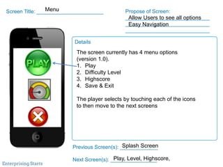 Menu
Allow Users to see all options
Easy Navigation
The screen currently has 4 menu options
(version 1.0).
1. Play
2. Difficulty Level
3. Highscore
4. Save & Exit
The player selects by touching each of the icons
to then move to the next screens
Splash Screen
Play, Level, Highscore,
 