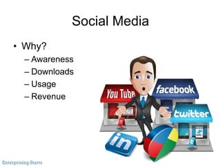 Social Media
• Why?
– Awareness
– Downloads
– Usage
– Revenue
 