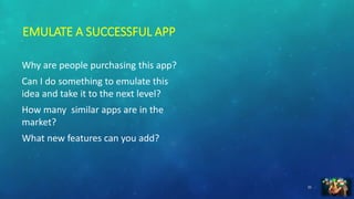 EMULATE A SUCCESSFUL APP
Why are people purchasing this app?
Can I do something to emulate this
idea and take it to the ne...
