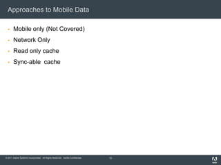 Approaches to Mobile DataMobile only (Not Covered)Network OnlyRead only cacheSync-able  cache12