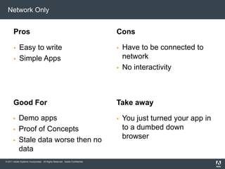 Network OnlyProsEasy to writeSimple AppsConsGood ForDemo appsProof of Concepts Stale data worse then no data Have to be connected to networkNo interactivityTake awayYou just turned your app in to a dumbed down browser
