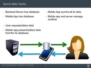 Synch-able CacheBackend Server has databaseMobile App has databaseUser requests/alters dataMobile app presents/alters data from/for its databaseMobile App synchs all its data. Mobile app and server manage conflicts21