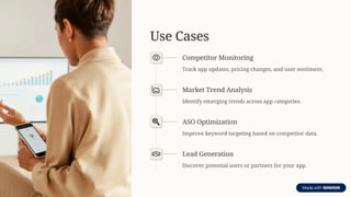 Use Cases
Competitor Monitoring
Track app updates, pricing changes, and user sentiment.
Market Trend Analysis
Identify emerging trends across app categories.
ASO Optimization
Improve keyword targeting based on competitor data.
Lead Generation
Discover potential users or partners for your app.
 