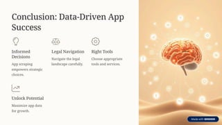 Conclusion: Data-Driven App
Success
Informed
Decisions
App scraping
empowers strategic
choices.
Legal Navigation
Navigate the legal
landscape carefully.
Right Tools
Choose appropriate
tools and services.
Unlock Potential
Maximize app data
for growth.
 