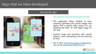 Apps that we have developed.
Hip Hop Hen App
• INCLUDED IN THE APP STORE BEST OF 2014
• This application allows children to learn
matching alphabets with articles images that
begins with a specific letter sound. For e.g.
Matching the letter “A” with Apple image on
the card.
• Cartoon image and animation with sounds
makes it more entertaining and fun learning
for kids.
• See it here: https://itunes.apple.com/gb/app/hip-
hop-hen-abc-flashcard/id775050525?mt=8
 