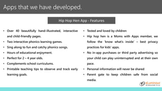 Apps that we have developed.
Hip Hop Hen App - Features
• Over 40 beautifully hand-illustrated, interactive
and child-friendly pages.
• Two interactive phonics learning games.
• Sing along to fun and catchy phonics songs.
• Hours of educational enjoyment.
• Perfect for 2 – 4 year olds.
• Complements school curriculums.
• Printable teaching tips to observe and track early
learning goals.
• Tested and loved by children
• Hip hop hen is a Moms with Apps member, we
follow the ‘know what’s inside’ – best privacy
practices for kids’ apps.
• No in-app purchases or third party advertising so
your child can play uninterrupted and at their own
pace.
• Personal information will never be shared
• Parent gate to keep children safe from social
media.
 