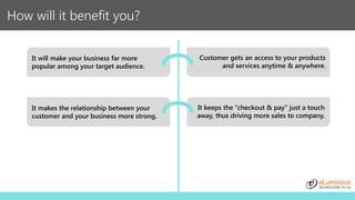 How will it benefit you?
It will make your business far more
popular among your target audience.
Customer gets an access to your products
and services anytime & anywhere.
It makes the relationship between your
customer and your business more strong.
It keeps the “checkout & pay” just a touch
away, thus driving more sales to company.
 