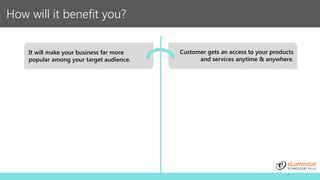 How will it benefit you?
It will make your business far more
popular among your target audience.
Customer gets an access t...