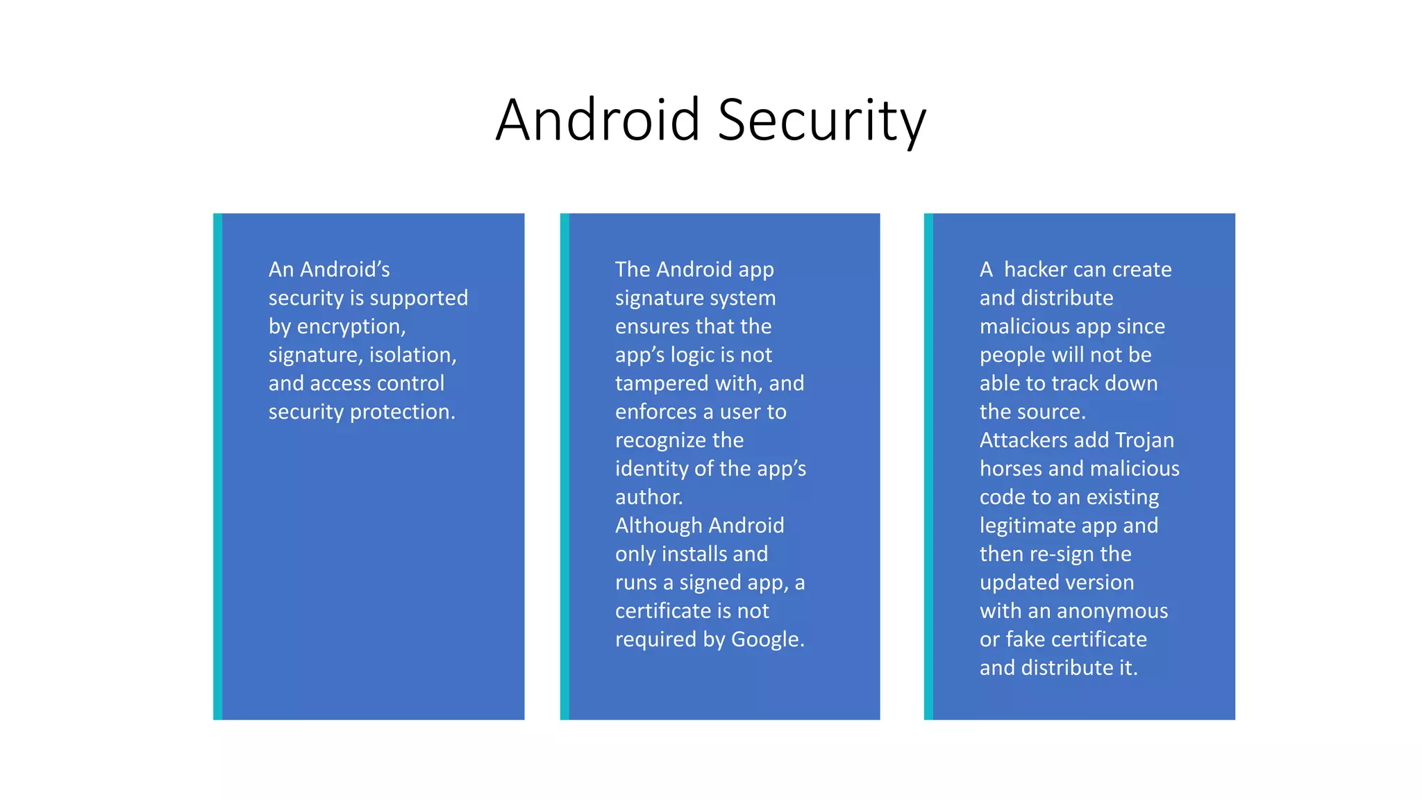 Android Security
An Android’s
security is supported
by encryption,
signature, isolation,
and access control
security protection.
The Android app
signature system
ensures that the
app’s logic is not
tampered with, and
enforces a user to
recognize the
identity of the app’s
author.
Although Android
only installs and
runs a signed app, a
certificate is not
required by Google.
A hacker can create
and distribute
malicious app since
people will not be
able to track down
the source.
Attackers add Trojan
horses and malicious
code to an existing
legitimate app and
then re-sign the
updated version
with an anonymous
or fake certificate
and distribute it.
 