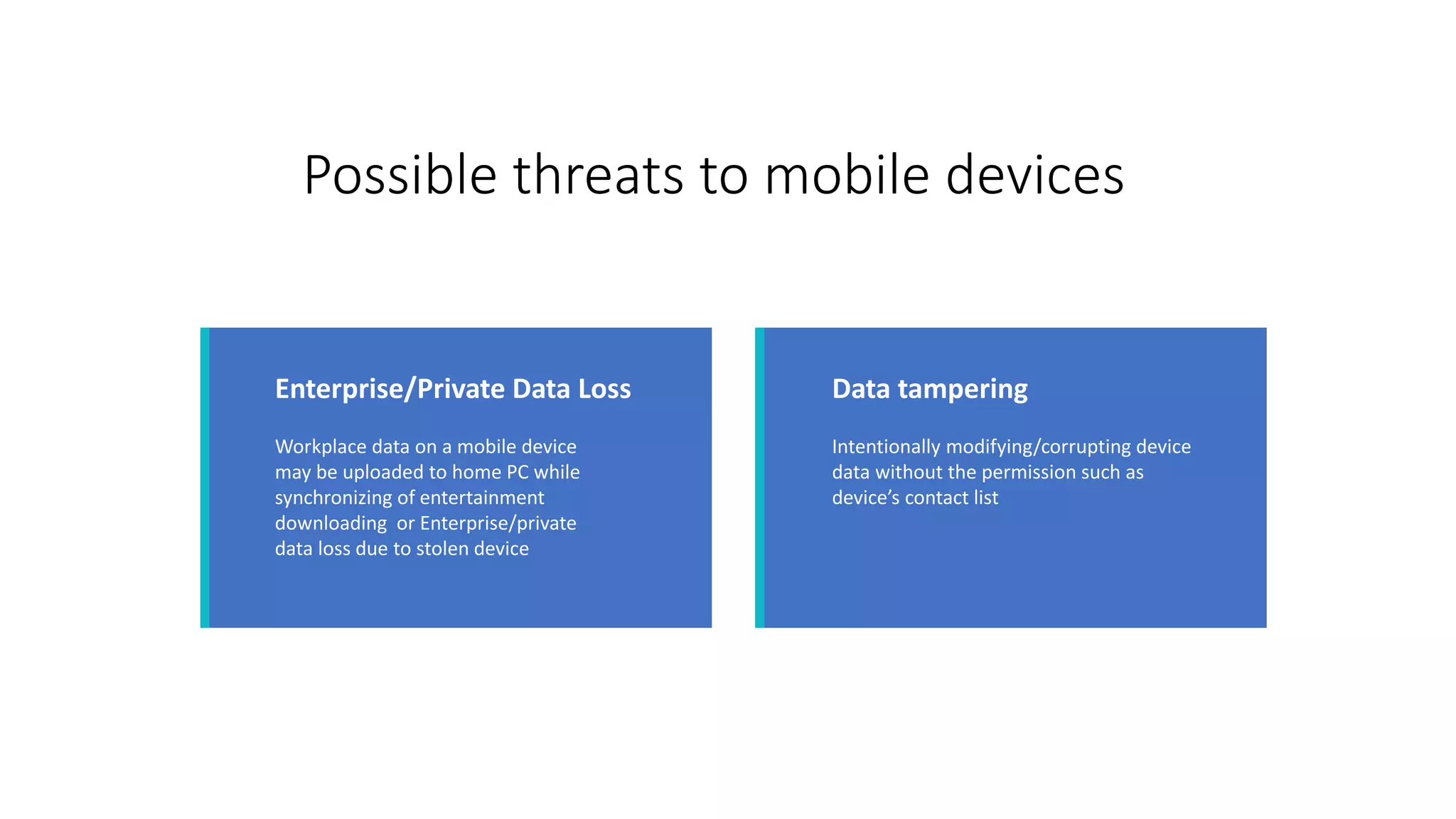 Possible threats to mobile devices
Workplace data on a mobile device
may be uploaded to home PC while
synchronizing of entertainment
downloading or Enterprise/private
data loss due to stolen device
Enterprise/Private Data Loss
Intentionally modifying/corrupting device
data without the permission such as
device’s contact list
Data tampering
 