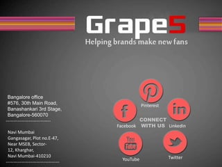 CONNECT
WITH US
Pinterest
Facebook
Twitter
LinkedIn
Navi Mumbai
Gangasagar, Plot no.E-47,
Near MSEB, Sector-
12, Kharghar,
Navi Mumbai-410210
……………………………..
Bangalore office
#576, 30th Main Road,
Banashankari 3rd Stage,
Bangalore-560070
YouTube……………………………………