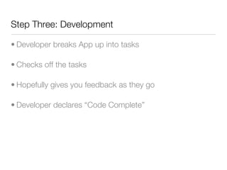 Step Three: Development

• Developer breaks App up into tasks

• Checks off the tasks

• Hopefully gives you feedback as they go

• Developer declares “Code Complete”
 