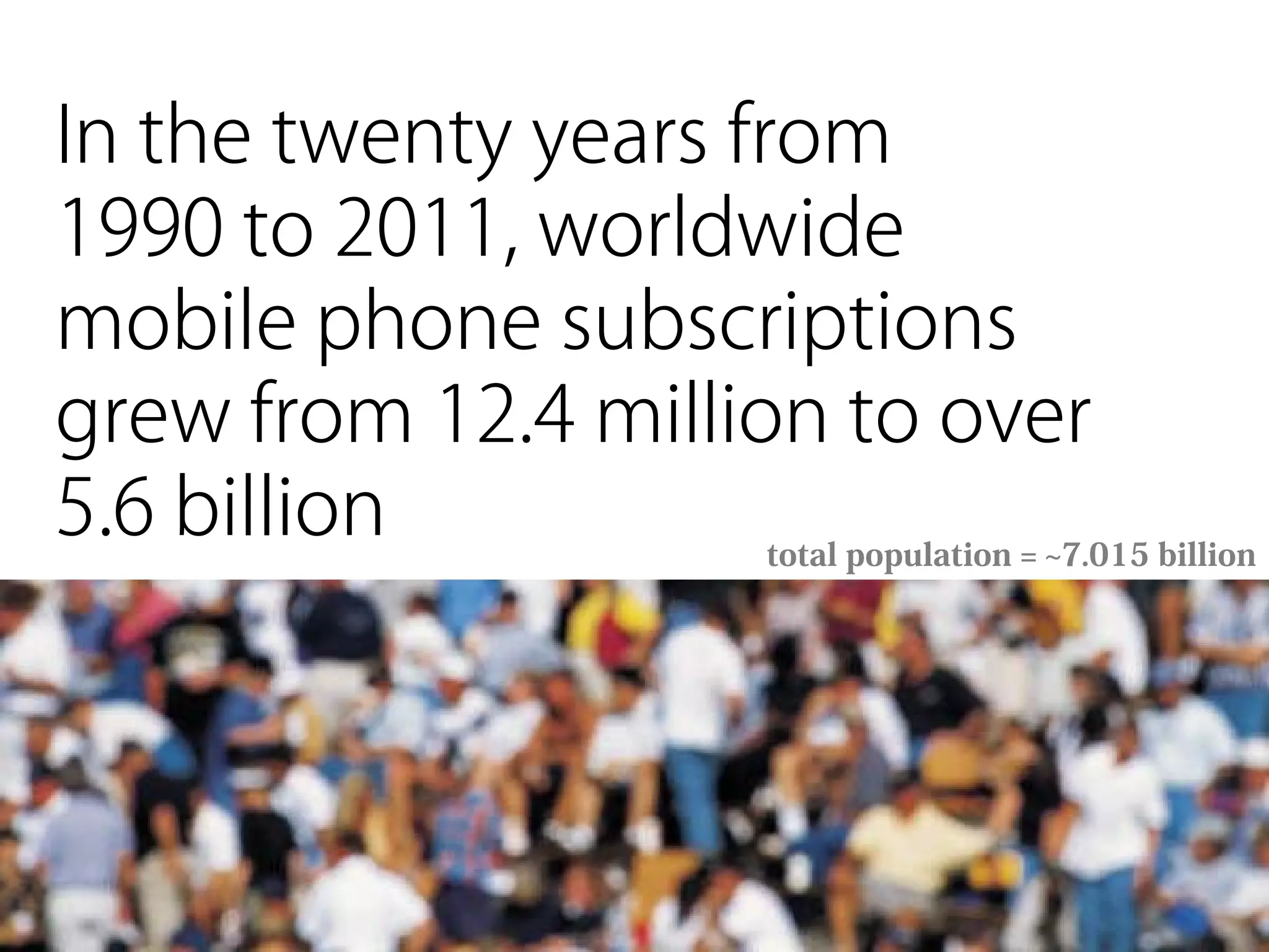 In the twenty years from
1990 to 2011, worldwide
mobile phone subscriptions
grew from 12.4 million to over
5.6 billion           total population = ~7.015 billion
 