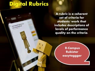 Digital Rubrics
A rubric is a coherent
set of criteria for
students' work that
includes descriptions of
levels of performance
quality on the criteria.
R-Campus
Rubistar
easytaggger
 